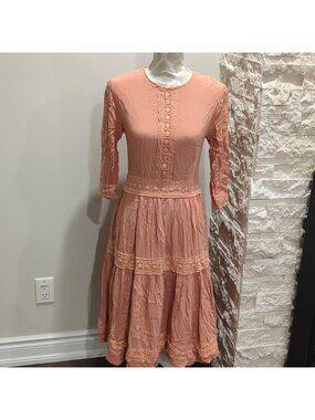 Maple & Cliff blush prairie style dress with crochet lace trim